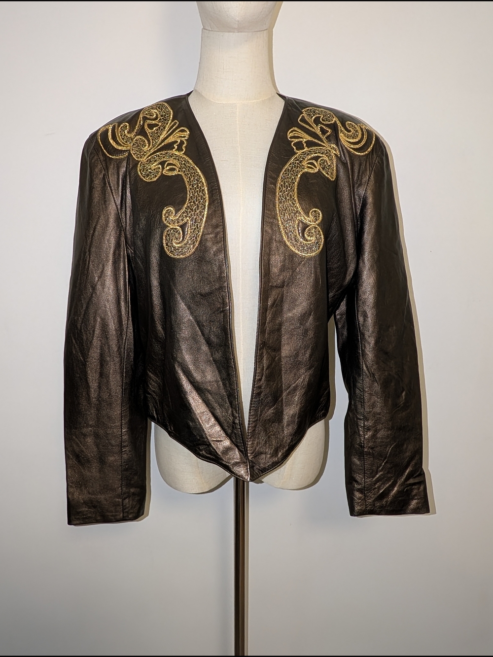 Vintage Bronze Leather Open Jacket With Gold Embroidery